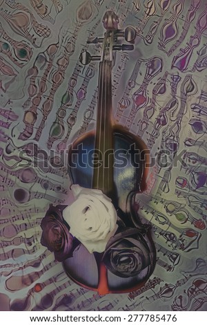old violin with musical notes and rose closeup. didgital art