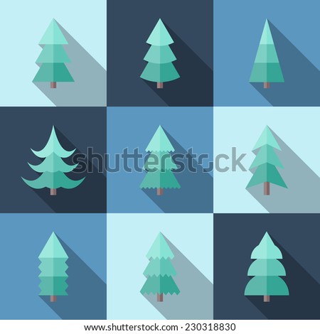 Flat icon set of Christmas trees. Winter trees in flat style with long shadows. Illustration of Christmas trees. 9 different Christmas trees in flat style.