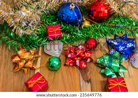 Decorations for Christmas and New Year on a wooden floor. Used for the background.