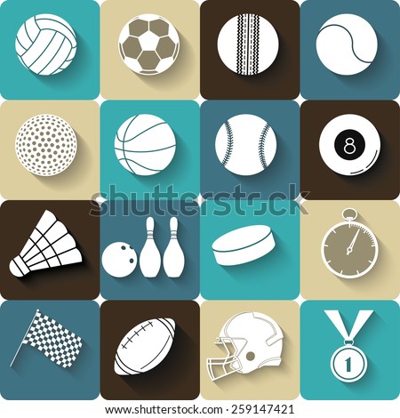 Sport icons with long shadow flat design. Sport balls, equipment, medal, stopwatch -  vector illustration