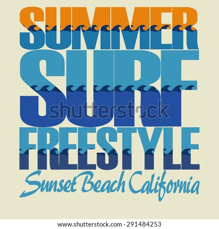 Surfing t-shirt graphic design image. Sunset Beach California surf typography emblem