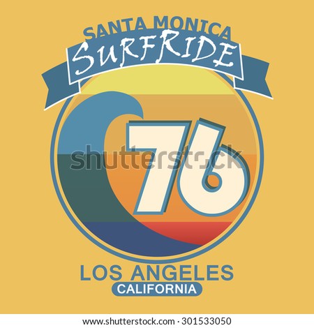 Surfing t-shirt graphic design. Santa Monica California surf typography, retro style emblem