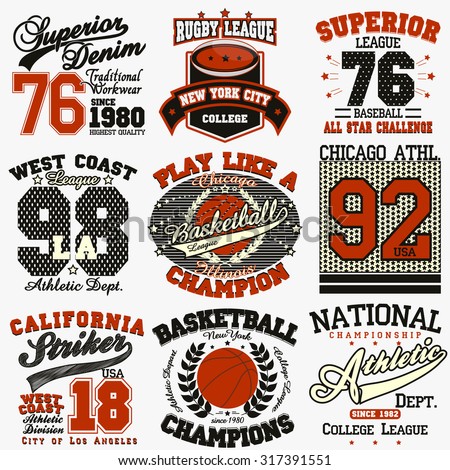 Sport Typography Graphics logo set, T-shirt Printing Design. Athletic original wear, Vintage Print for sportswear apparel