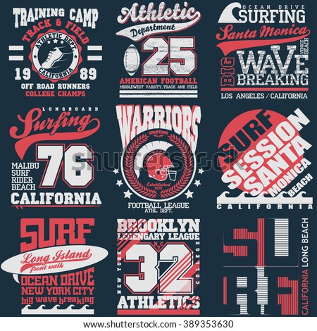 Sport Typography Graphics emblem set, T-shirt Printing Design. Athletic original Vintage Print for sportswear apparel