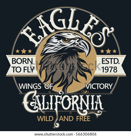 Eagle head logo for t-shirt, Hawk mascot Sport wear typography emblem graphic, athletic apparel stamp. Portrait of a bald eagle. Vector