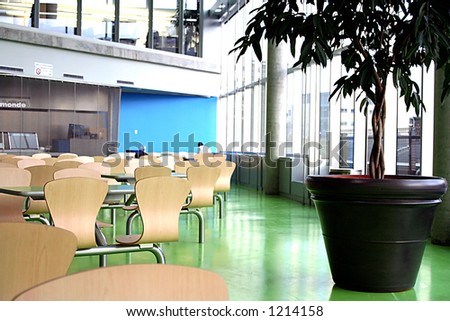 modern colorful cafeteria inside a enginerring university in montreal (ecole polytechnique).