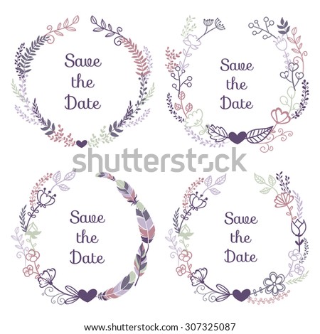 Set of holiday symbols - wreathes, hearts. Perfect for wedding and Valentine\'s Day