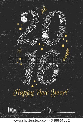 Vintage happy new year gold Typographic 2016 monkey year card and Winter Holiday Elements on  black background. Greeting hand drawn illustration for Xmas.