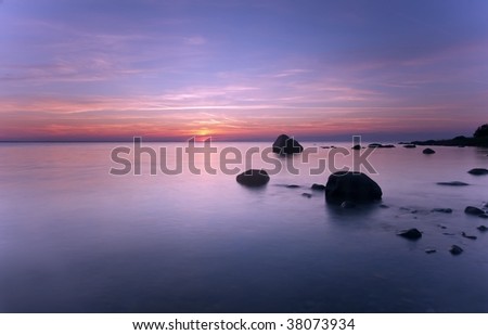 Beautiful coastal sunset.  Southern Sweden. Wide angle photo.