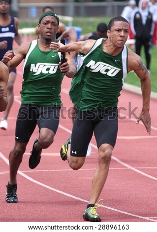 POMONA, NJ - APRIL 18: Ishmeal Robbins and Marc Robinson, compete during the CTC College Track Championships held at the Richard Stockton College of New Jersey April 18, 2009 in Pomona, NJ.