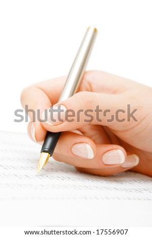 Woman hand showing statistics paper closeup by fountain pen. Isolated.
