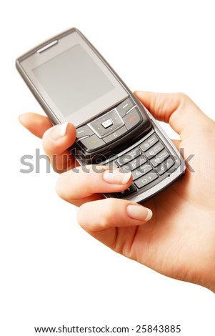 Mobile phone in woman hand. Isolated on white. Closeup.