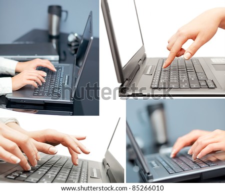 Set with four close-up photos of woman\'s hands touching notebook (laptop) keys during work. In office and studio isolated.