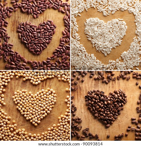 Set of different grains in the shape of the heart: coffee beans, rice, peas, beans. Close-up on old vintage wooden background.