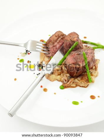 Veal sirloin steaks, served with asparagus and delicious mushroom sauce. Served with fork and knife.