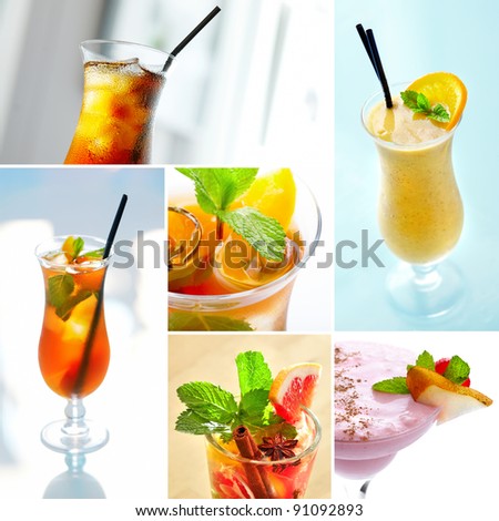 Set with cooling cocktails with fresh fruits, mint and ice cubes.