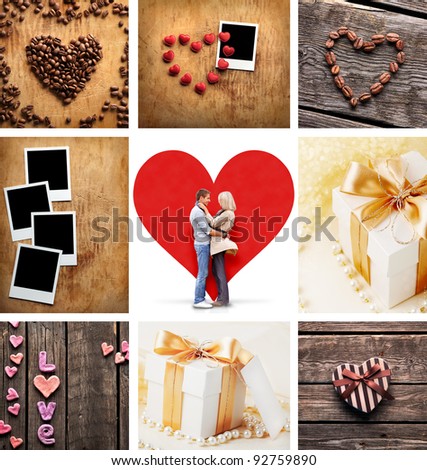 Set with love photos. Young couple in love amongst heart shapes, photo frames and gift boxes. Holiday collage.