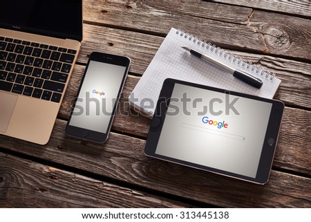 PRAGUE, CZECH REPUBLIC - SEPTEMBER 1, 2015: New Google logo on their search page immediately at the release date is displayed on iphone 6 plus and ipad mini. With clipping paths.