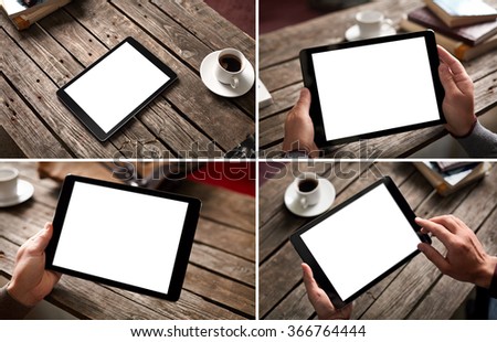 Mockup set of digital tablet computer at a city cafe environment.