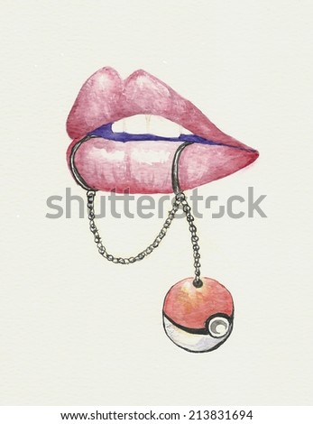 Original watercolor painting of red lips with snakebite piercings with chain and Pokemon ball / I Choose You / Made for a good friend of mine who loves Pokemon