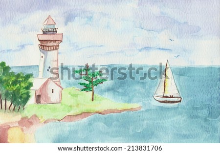 Original watercolor painting of ocean, lighthouse, and sailboat sailing by / Sailing / Made for my parents who love lighthouses and the ocean