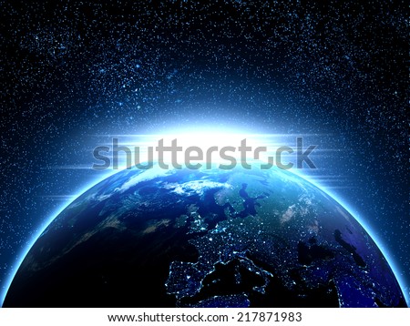 Planet earth seen from space with a strong light beam on the edge (Nasa texture was used)
