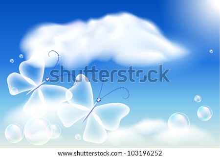 Butterflies in the blue sky and bubbles. Raster version of vector.