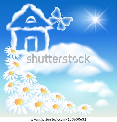 Cloud house in the sky and flowers. Raster version of vector.
