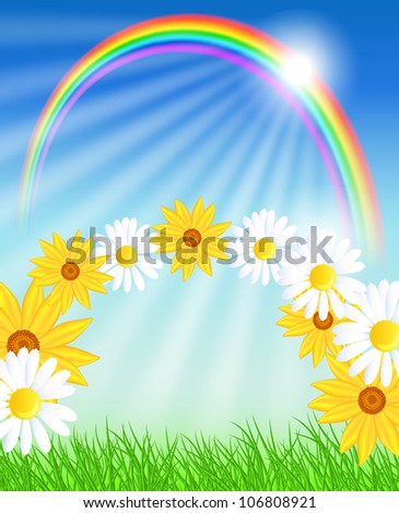 Meadow flowers, rainbow, sun and blue sky. Raster version of vector.