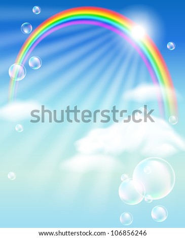 Rainbow, sky, clouds, bubbles  and  sunshine. Raster version of vector.