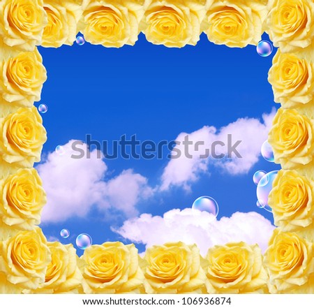 Yellow roses frame and blue sky