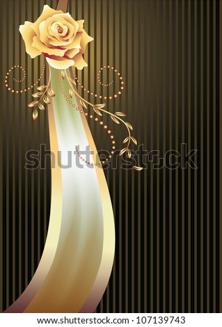 Striped background with elegant  ribbon and golden rose. Raster version of vector.