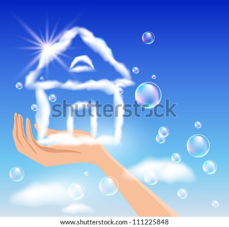 The hand holds a cloud house in the sky. Raster version of vector.