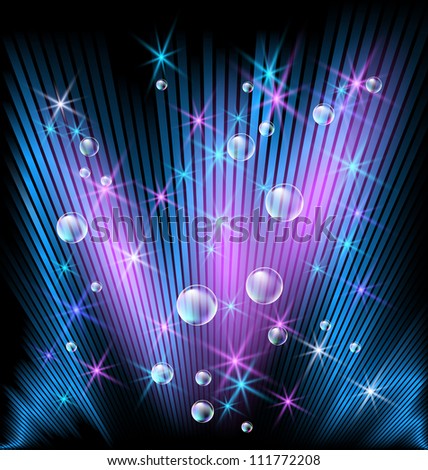 Background with glowing rays, stars and bubbles. Raster version of vector.