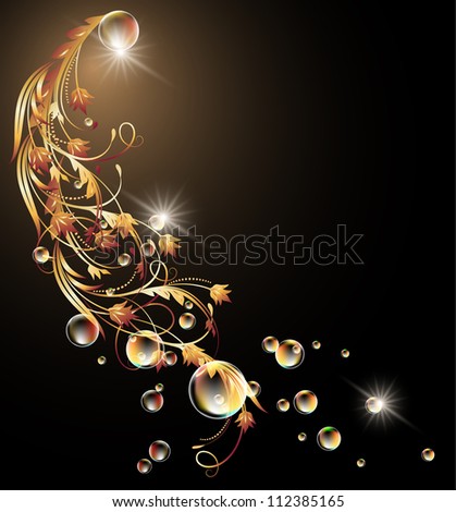Glowing background with golden ornament, stars and bubbles. Raster version of vector.