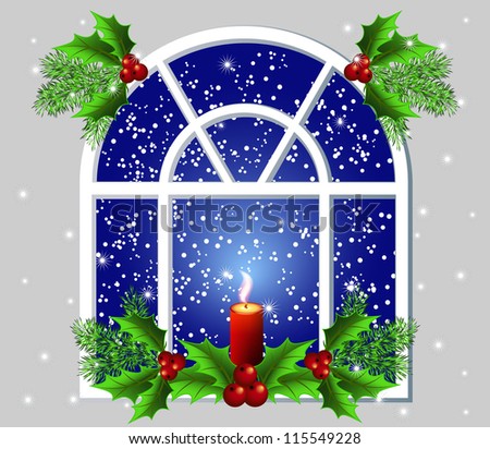 Christmas window with candles. Raster version of vector.