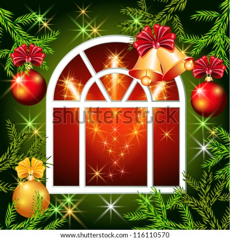 Christmas window with bells, balls and spruce branches. Raster version of vector.
