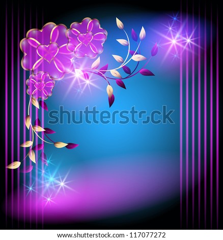 Glowing background with magic flowers and stars.  Raster version of vector.