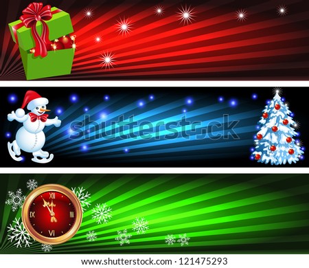 Set Christmas backgrounds with gift box, Snowman and chimes. Raster version of vector.
