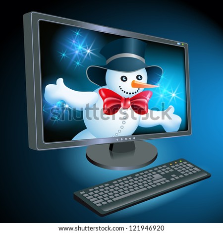 Monitor and keyboard with Christmas Snowman on  desktop.  Raster version of vector.