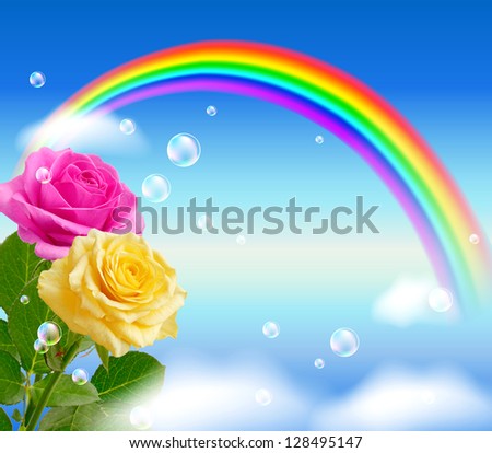 Yellow and pink roses on the sky background with rainbow