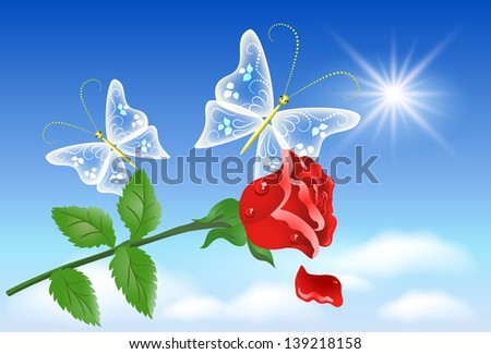 Red rose and transparent butterflies in the sky
