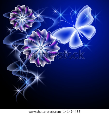 Smoke and glowing flowers and butterfly.  Raster version of vector.
