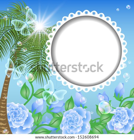 Design photoalbum with round photoframe.  Landscape with palm trees, flowers and transparent butterfly