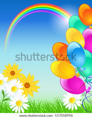 Meadow flowers, rainbow, balloons and blue sky