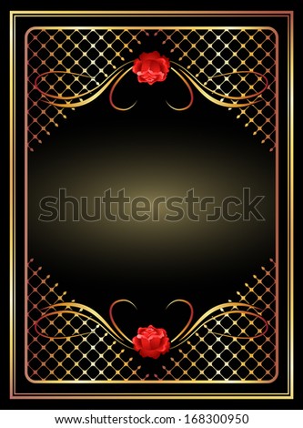 Background with golden ornament and red rose. Raster version of vector.