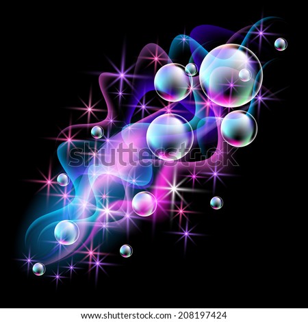 Magic glowing background with neon smoke, shining stars and fi spectacular bubbles