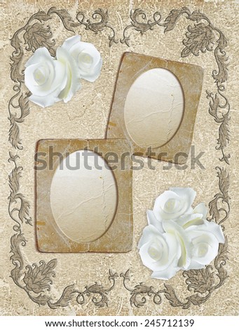 Vintage photo frame with white roses and luxurious ornament