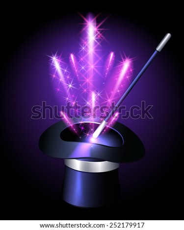 Conjurer hat with magic wand and sparkle fireworks