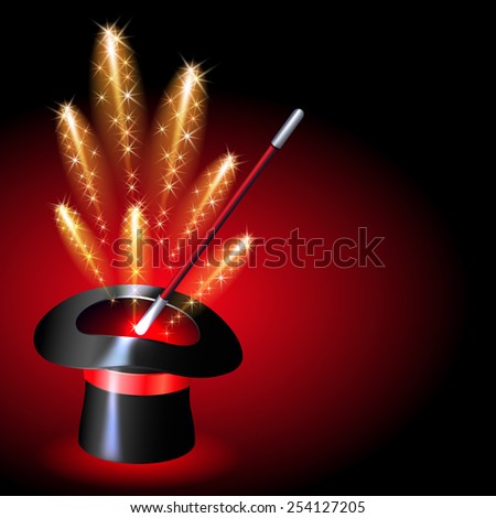 Conjurer hat with magic wand and sparkle fireworks on red background